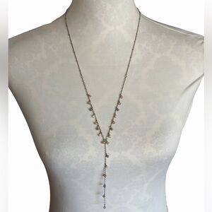 Silver Tone Lariat Necklace with Beaded Drops | Delicate Layering Necklace